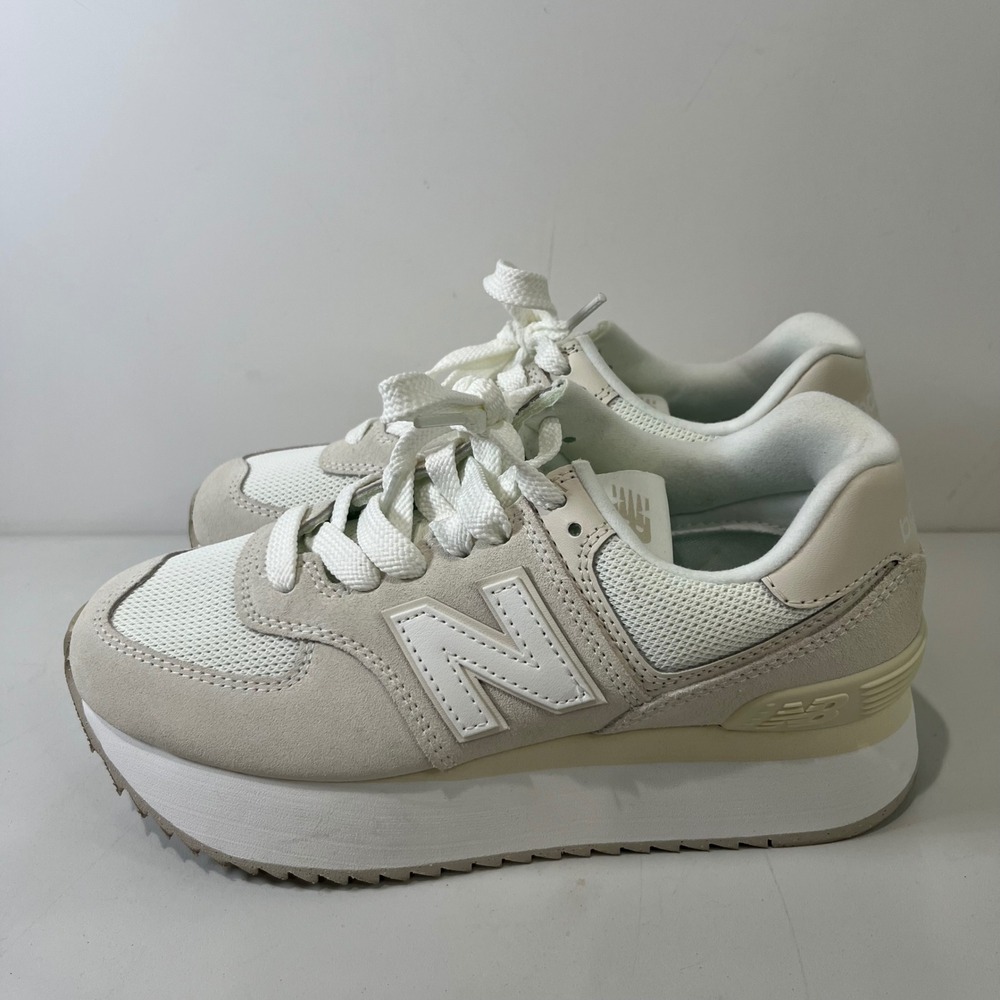 New Balance 574+ Platform Sneakers Women Size 8 WL574ZSO Cream Suede Mesh Chunky - Picture 2 of 7